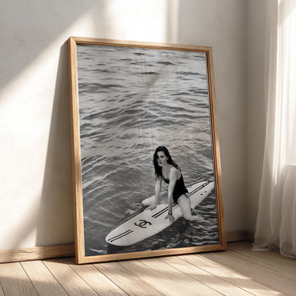 Woman On Surfboard Ocean Poster | Black and White Photography Print | Vintage Surf Wall Art | Retro Coastal Lifestyle Decor