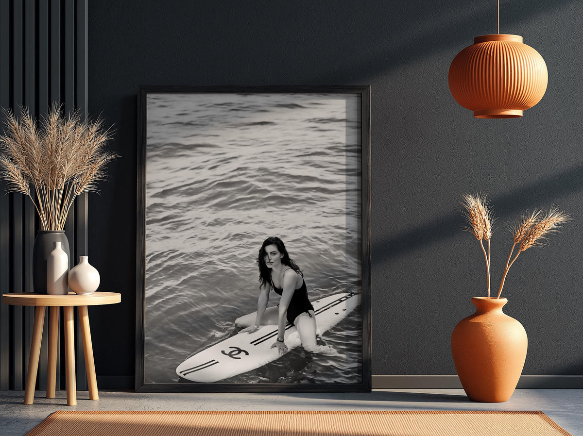 Woman On Surfboard Ocean Poster | Black and White Photography Print | Vintage Surf Wall Art | Retro Coastal Lifestyle Decor