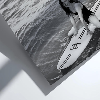 Woman On Surfboard Ocean Poster | Black and White Photography Print | Vintage Surf Wall Art | Retro Coastal Lifestyle Decor