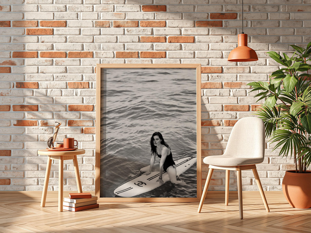 Woman On Surfboard Ocean Poster | Black and White Photography Print | Vintage Surf Wall Art | Retro Coastal Lifestyle Decor