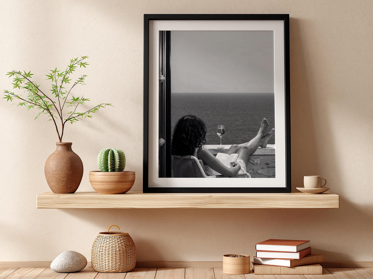 Woman Reading Seaside Balcony Poster | Black and White Photography Print | Vintage Coastal Wall Art | Retro Lifestyle Decor