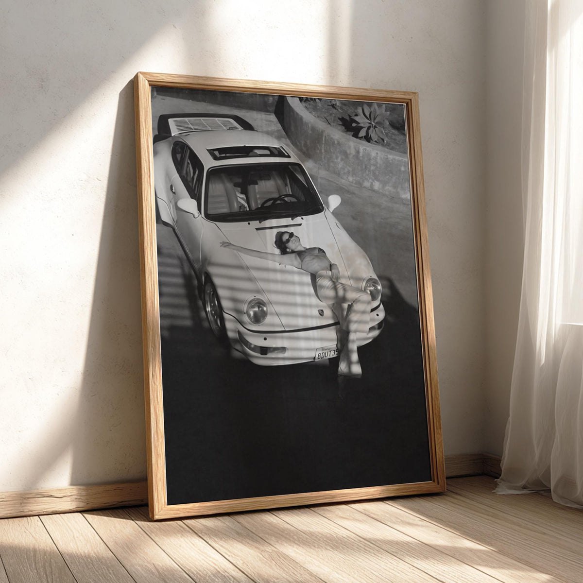 Woman Reclining On Car Hood Poster | Black and White Photography Print | Vintage Luxury Car Wall Art | Retro Lifestyle Decor
