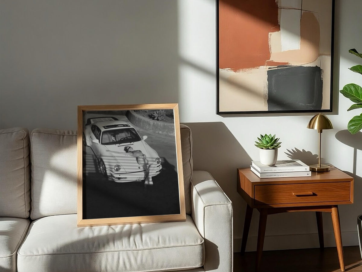 Woman Reclining On Car Hood Poster | Black and White Photography Print | Vintage Luxury Car Wall Art | Retro Lifestyle Decor