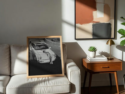 Woman Reclining On Car Hood Poster | Black and White Photography Print | Vintage Luxury Car Wall Art | Retro Lifestyle Decor