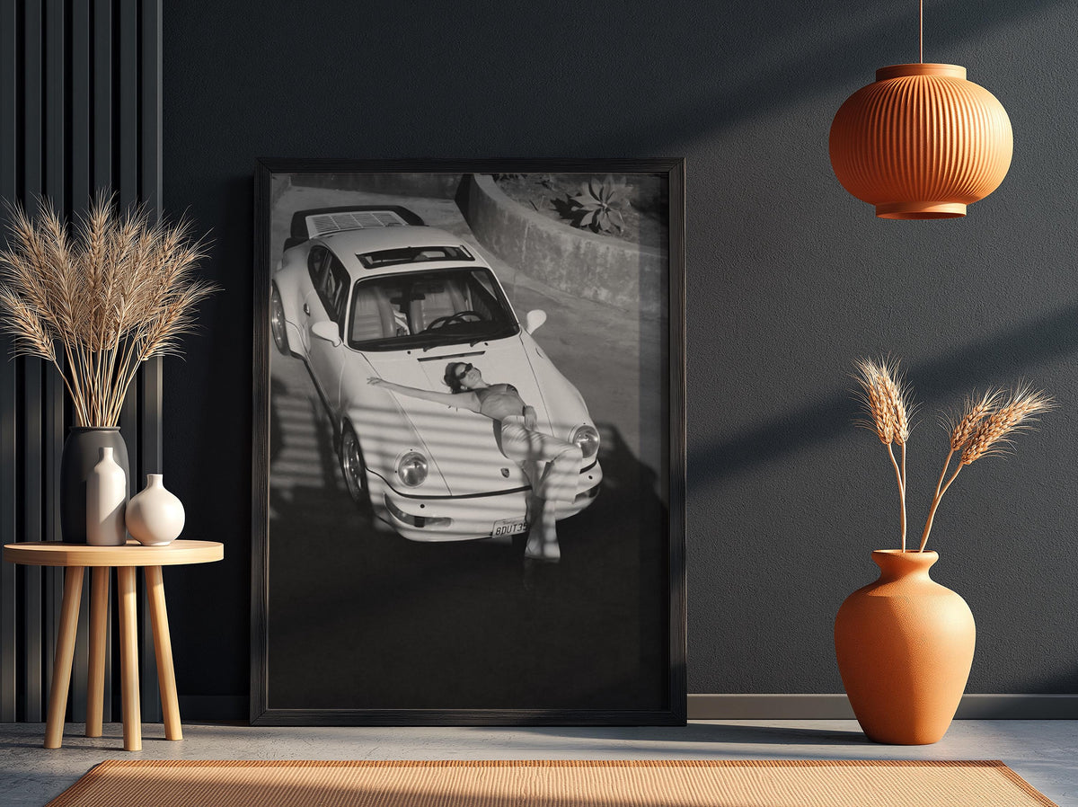 Woman Reclining On Car Hood Poster | Black and White Photography Print | Vintage Luxury Car Wall Art | Retro Lifestyle Decor
