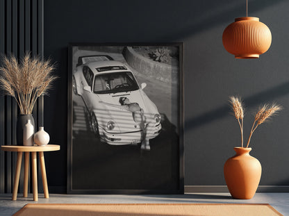 Woman Reclining On Car Hood Poster | Black and White Photography Print | Vintage Luxury Car Wall Art | Retro Lifestyle Decor