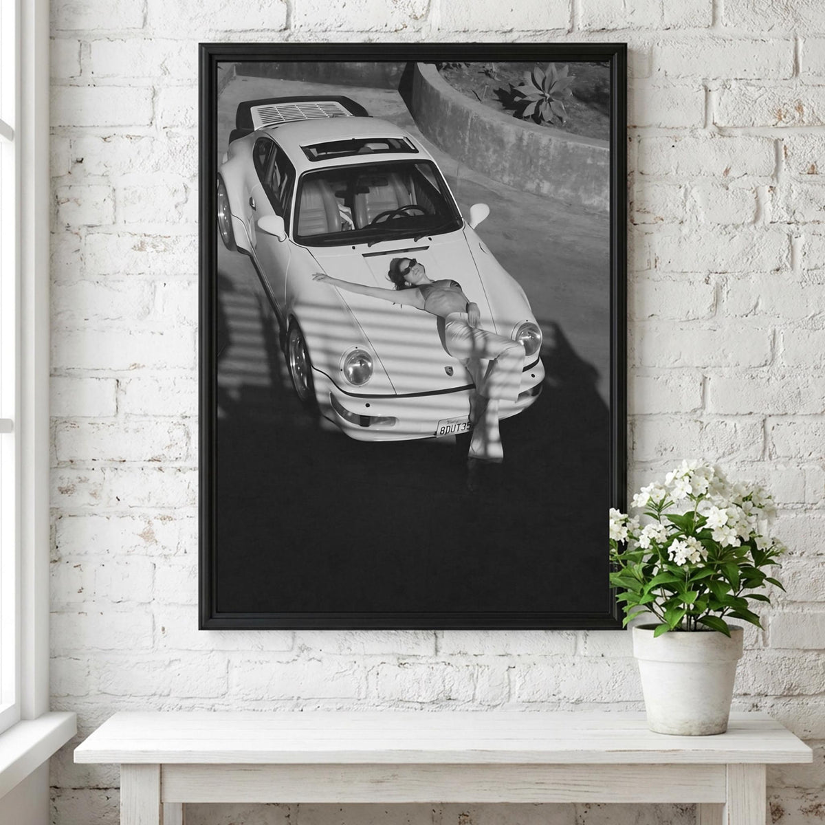 Woman Reclining On Car Hood Poster | Black and White Photography Print | Vintage Luxury Car Wall Art | Retro Lifestyle Decor