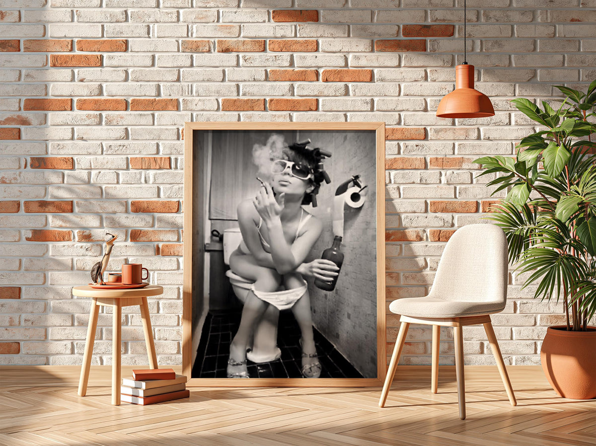 Woman Smoking Curlers Bathroom Poster | Black and White Photography Print | Vintage Humor Wall Art | Retro Glam Decor