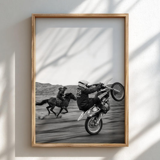 Cowboy Motocross Poster | Black and White Photography Print | Vintage Western Sports Wall Art | Retro Adventure Decor