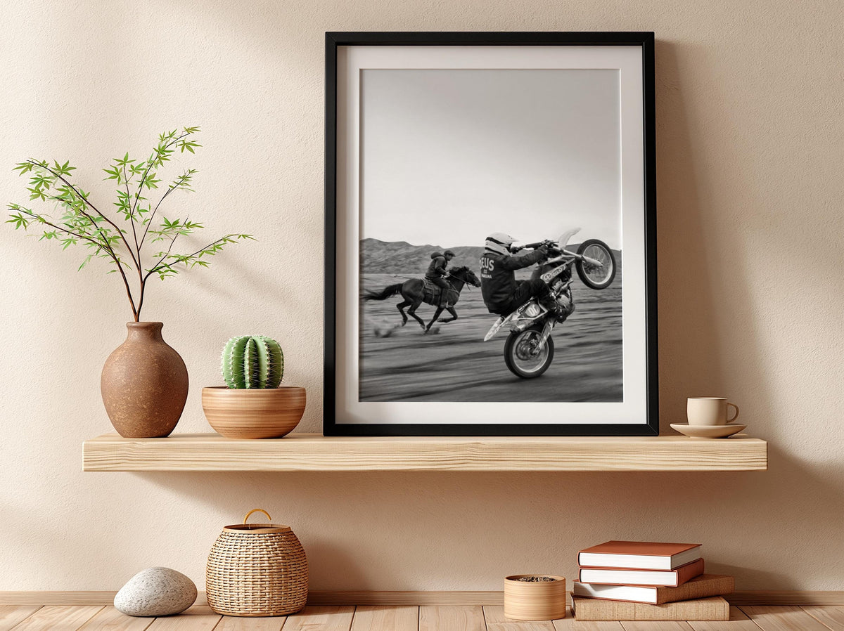 Cowboy Motocross Poster | Black and White Photography Print | Vintage Western Sports Wall Art | Retro Adventure Decor