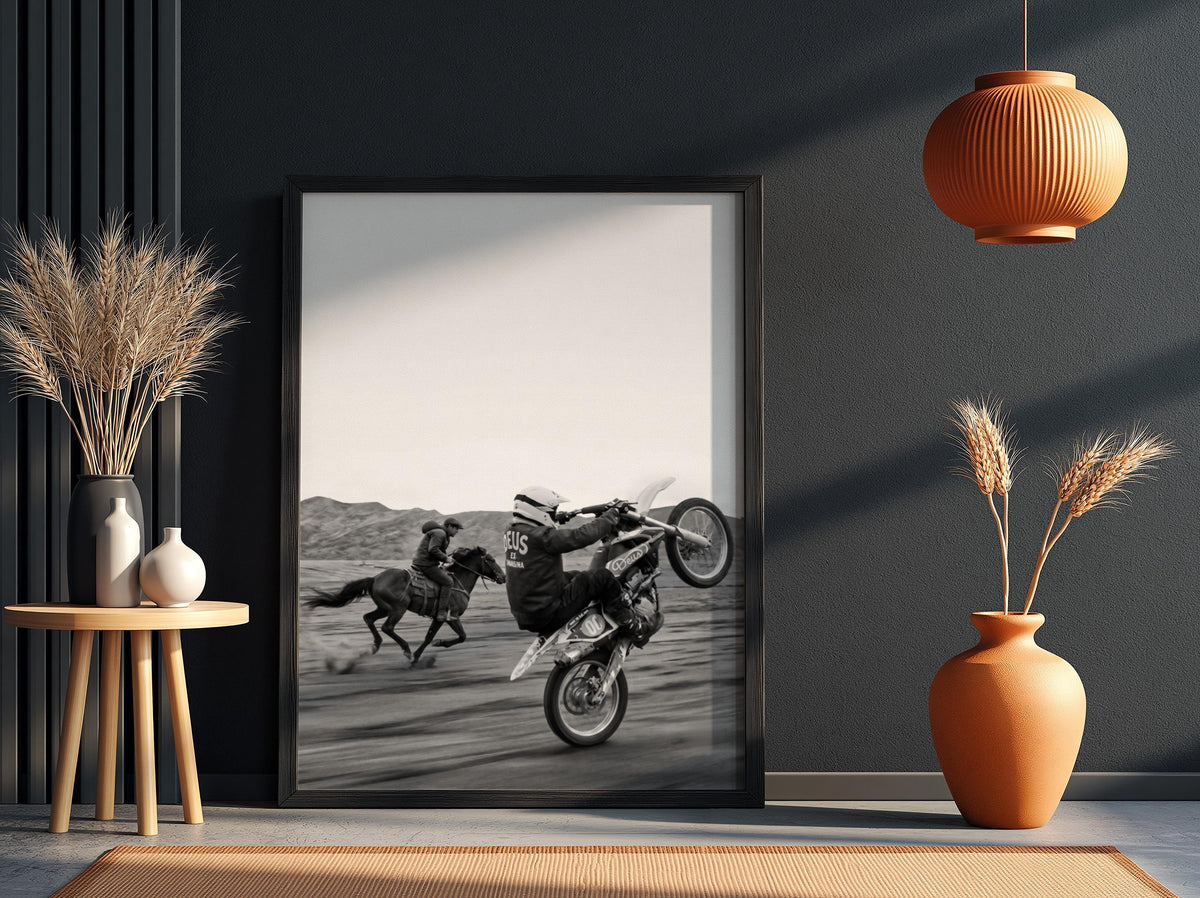 Cowboy Motocross Poster | Black and White Photography Print | Vintage Western Sports Wall Art | Retro Adventure Decor