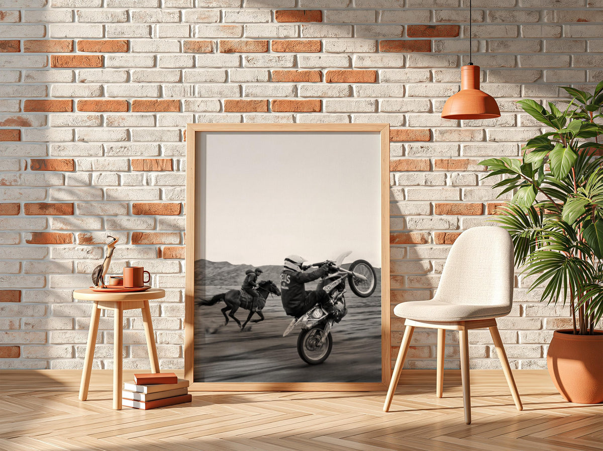 Cowboy Motocross Poster | Black and White Photography Print | Vintage Western Sports Wall Art | Retro Adventure Decor