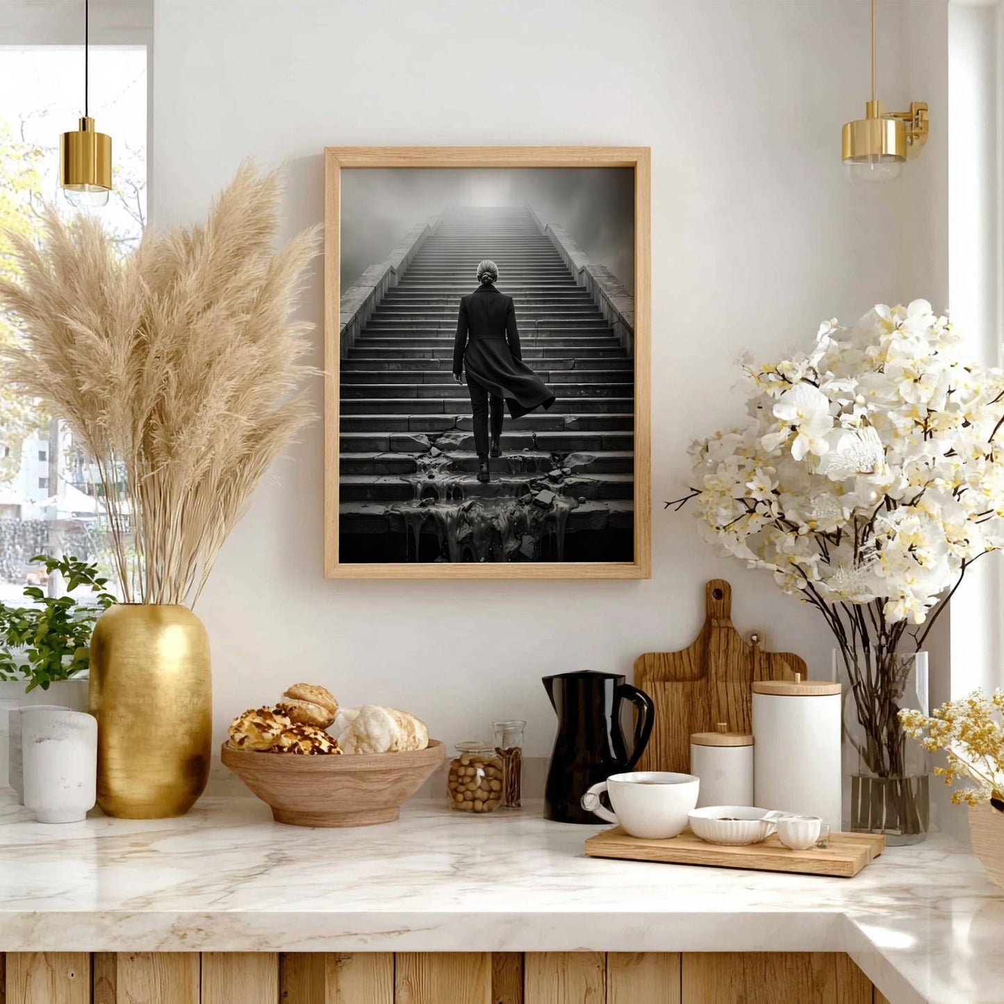 Overcoming Obstacles Print | Woman Ascending Stairs Poster | Black and White Motivational Wall Art | Resilience & Success Decor