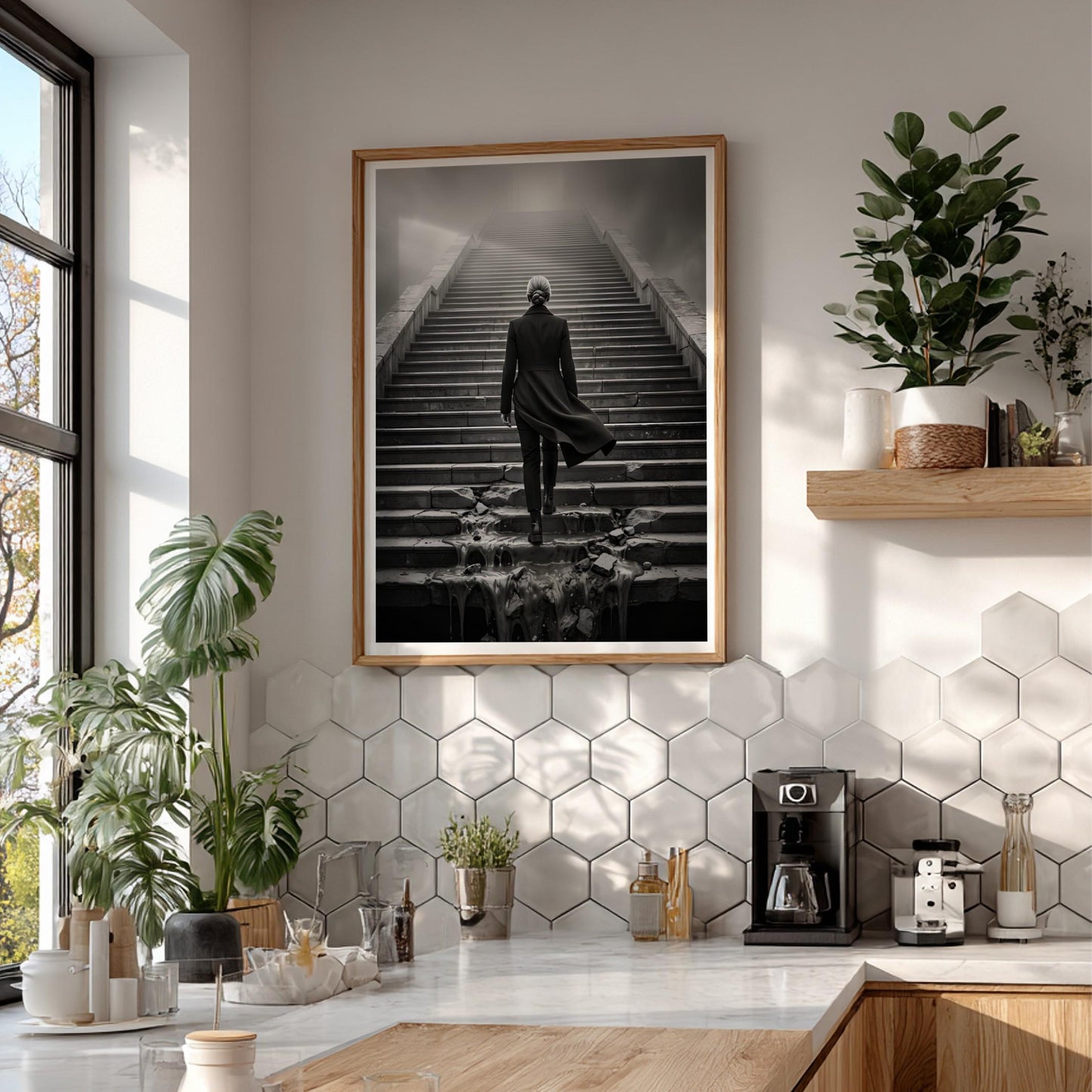 Overcoming Obstacles Print | Woman Ascending Stairs Poster | Black and White Motivational Wall Art | Resilience & Success Decor