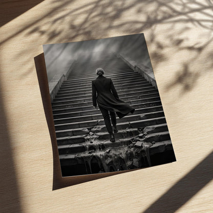 Overcoming Obstacles Print | Woman Ascending Stairs Poster | Black and White Motivational Wall Art | Resilience & Success Decor