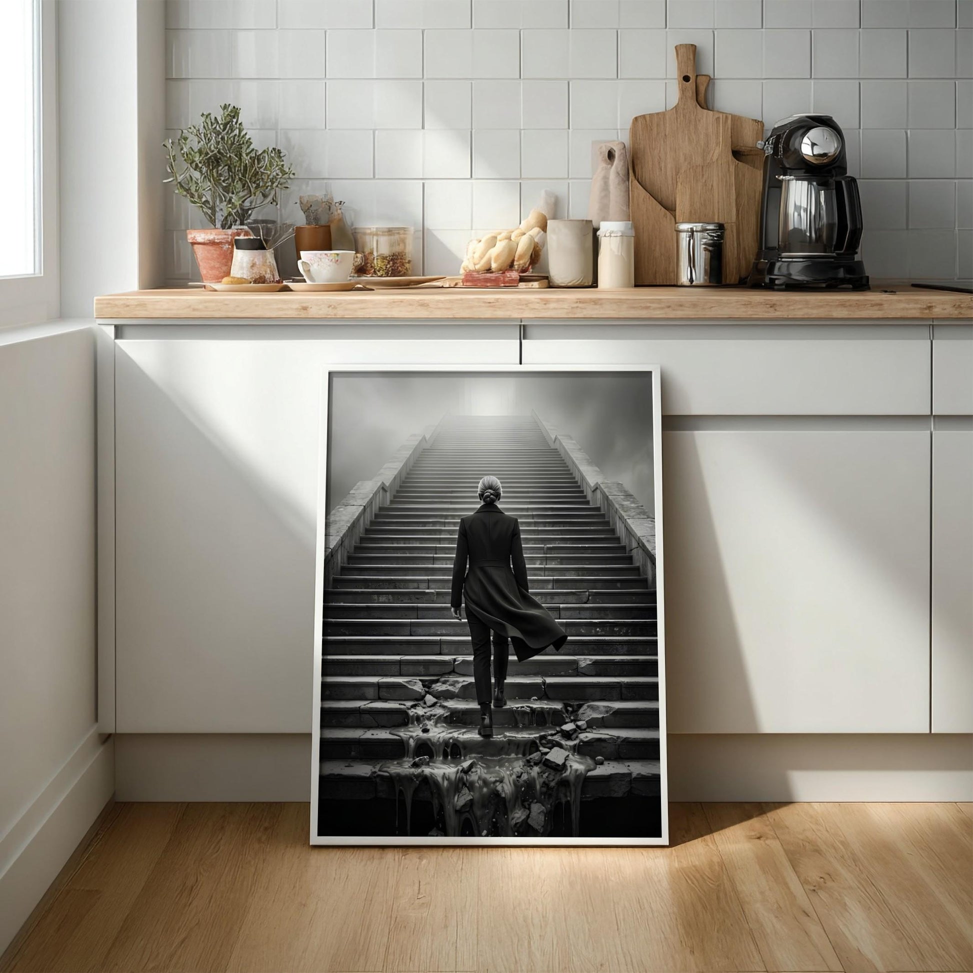 Overcoming Obstacles Print | Woman Ascending Stairs Poster | Black and White Motivational Wall Art | Resilience & Success Decor