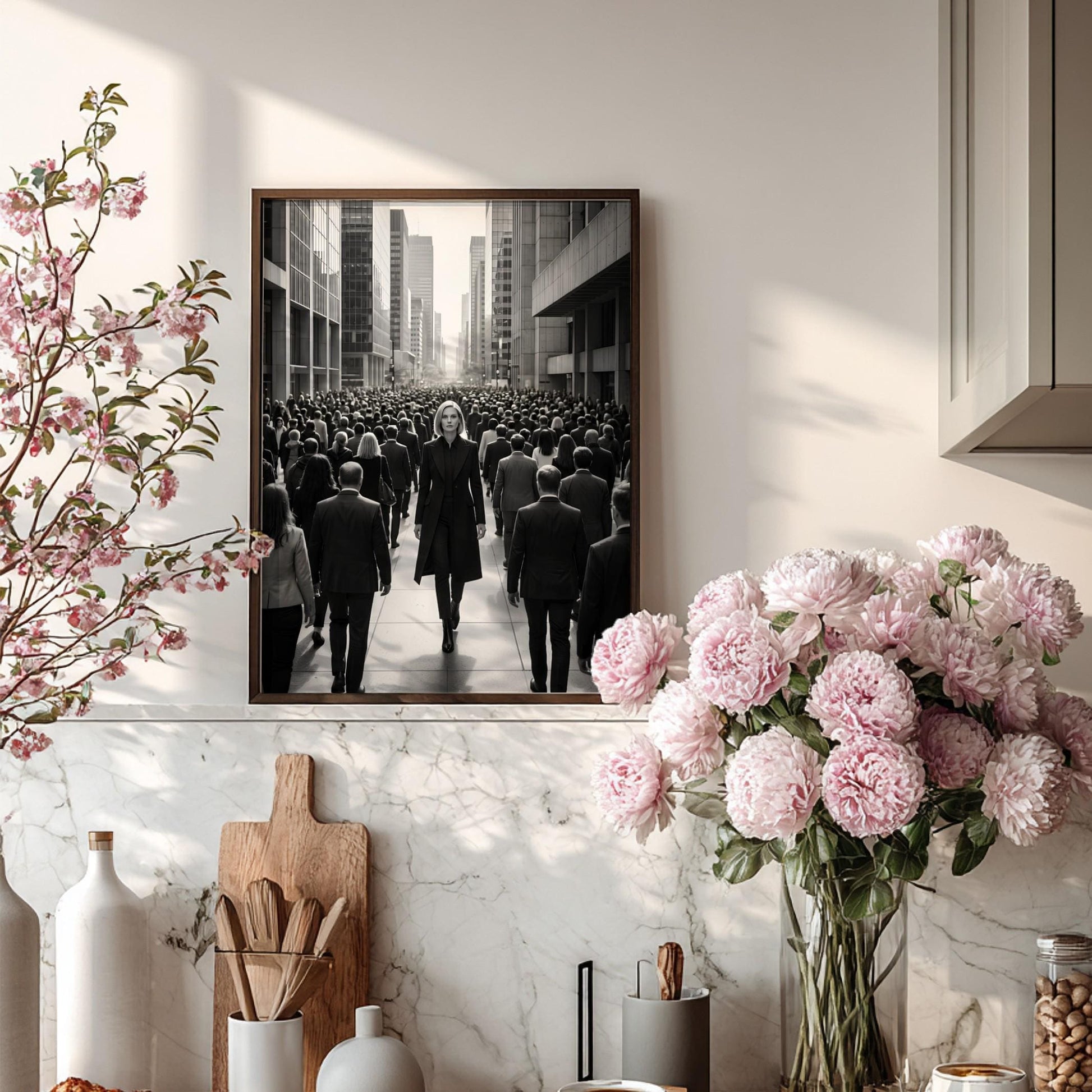 Confident Woman Print | Walking Against the Crowd Poster | Black and White City Wall Art | Boss Lady Decor | Modern Office Art