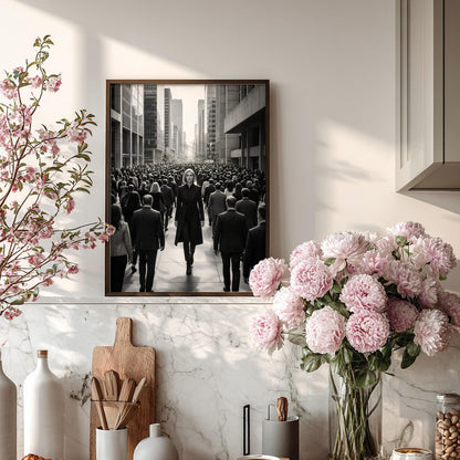 Confident Woman Print | Walking Against the Crowd Poster | Black and White City Wall Art | Boss Lady Decor | Modern Office Art
