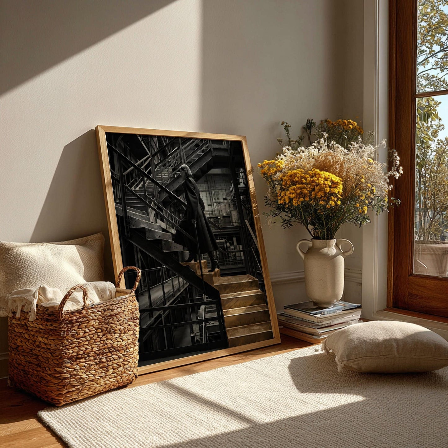 Golden Stairs Print | Woman Climbing Industrial Steps Poster | Ambition Wall Art | Black and Gold Boss Lady Decor