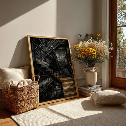 Golden Stairs Print | Woman Climbing Industrial Steps Poster | Ambition Wall Art | Black and Gold Boss Lady Decor