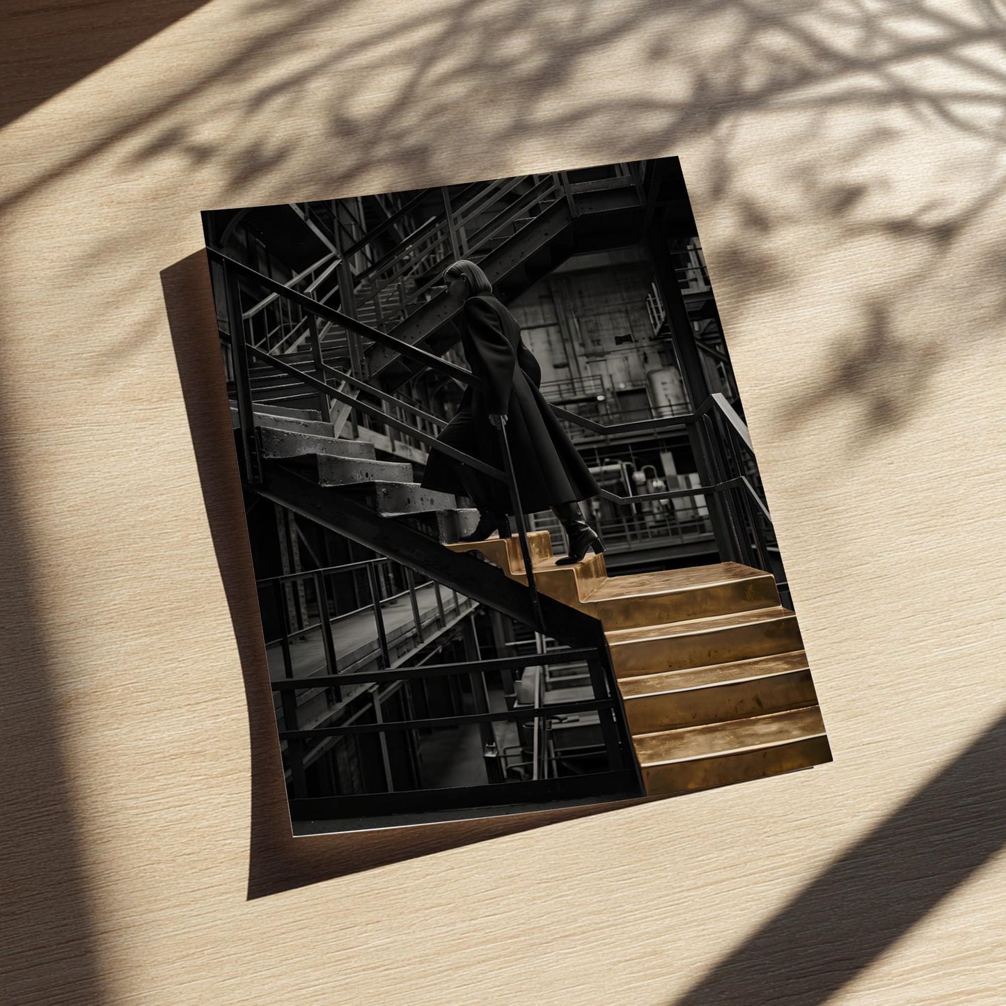 Golden Stairs Print | Woman Climbing Industrial Steps Poster | Ambition Wall Art | Black and Gold Boss Lady Decor