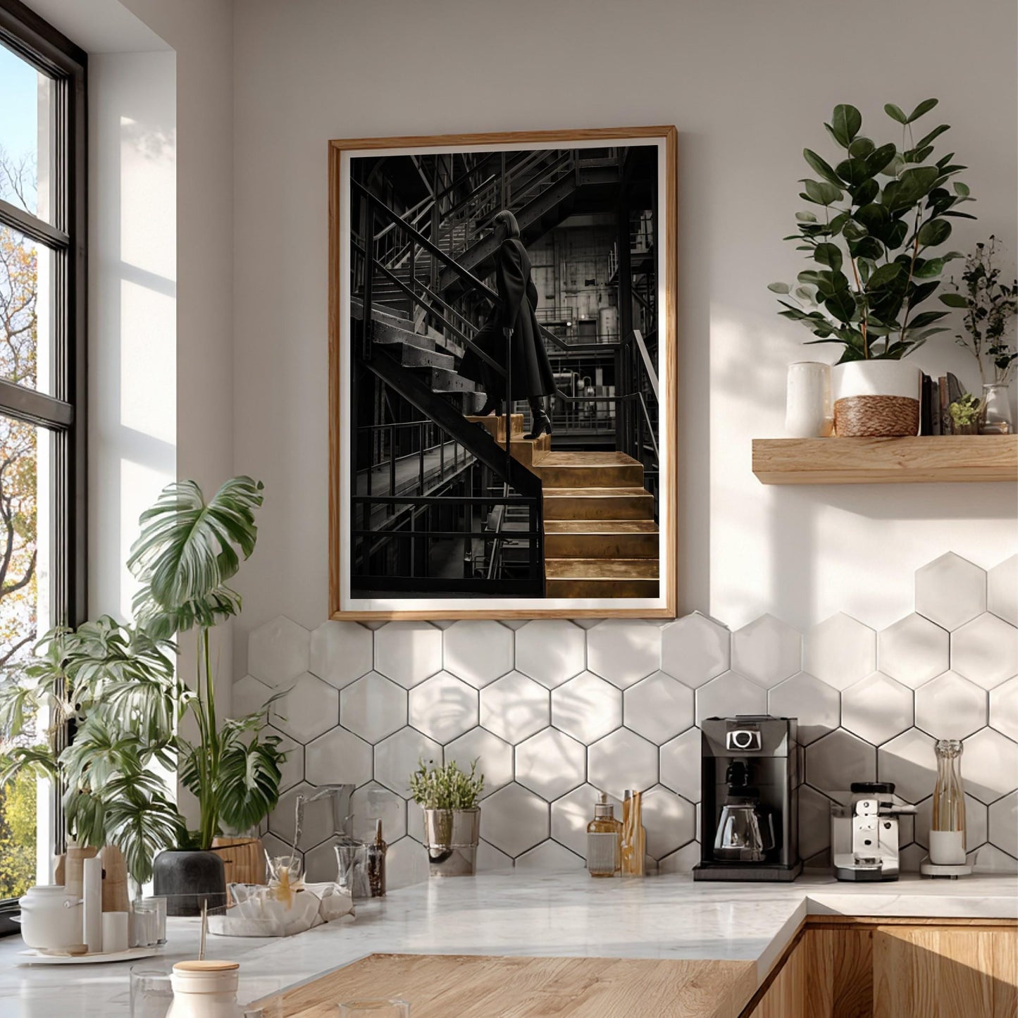 Golden Stairs Print | Woman Climbing Industrial Steps Poster | Ambition Wall Art | Black and Gold Boss Lady Decor
