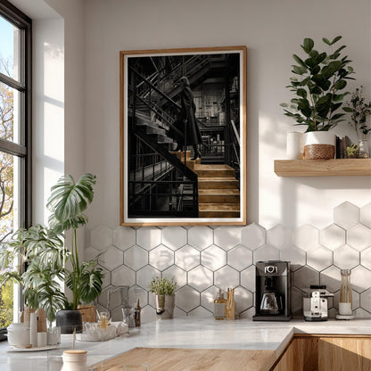 Golden Stairs Print | Woman Climbing Industrial Steps Poster | Ambition Wall Art | Black and Gold Boss Lady Decor