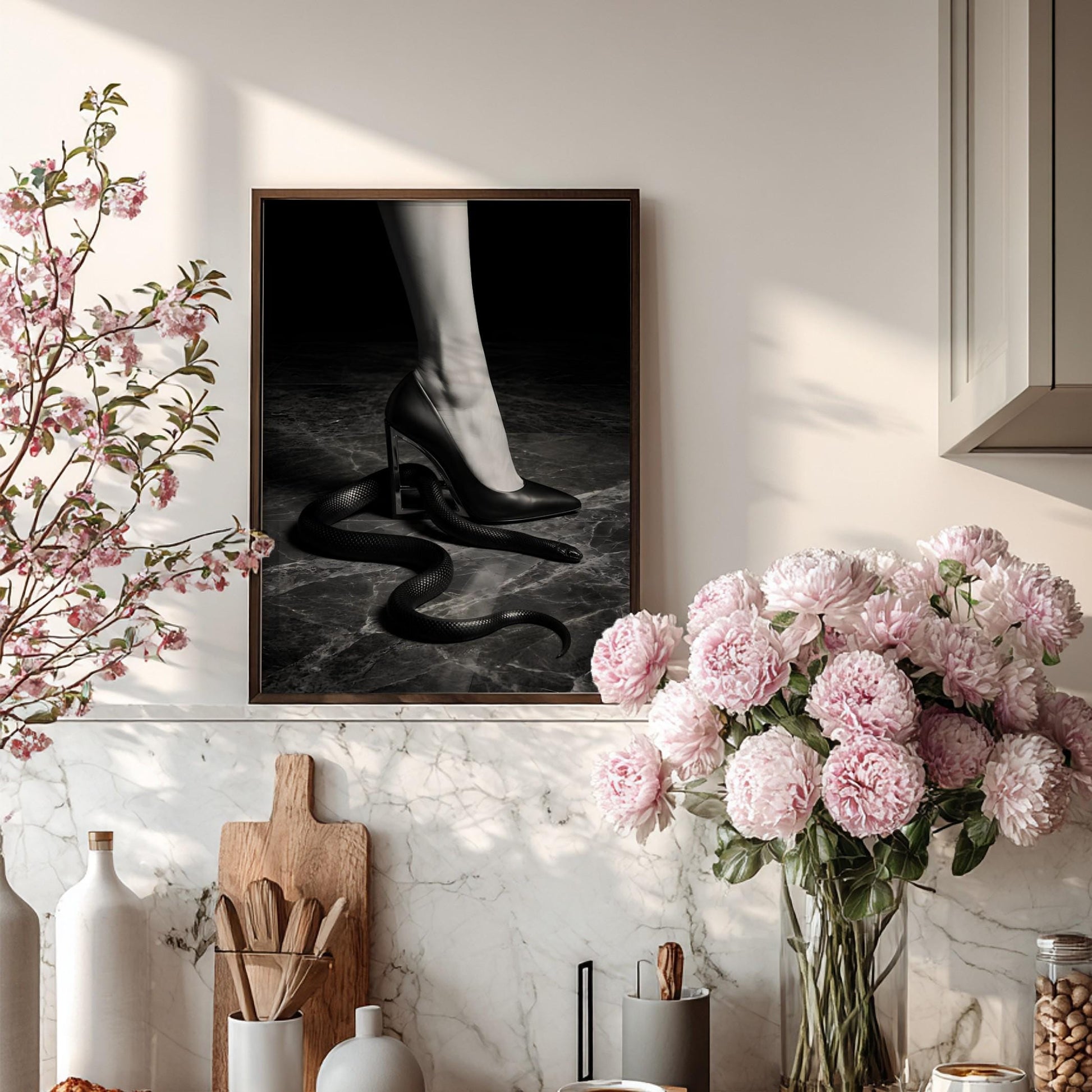 High Heel and Snake Print | Edgy Boss Lady Wall Art | Dark Moody Empowerment Poster | Modern Black and White Decor