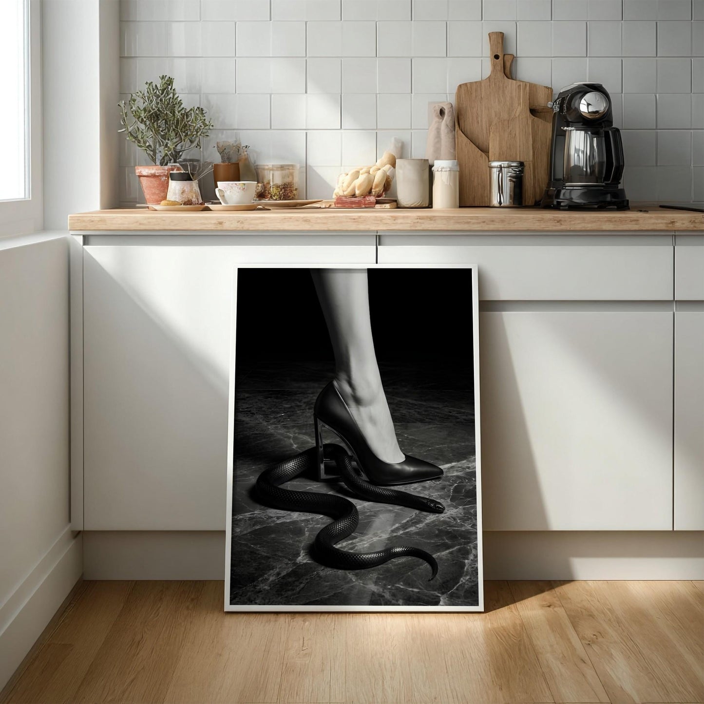 High Heel and Snake Print | Edgy Boss Lady Wall Art | Dark Moody Empowerment Poster | Modern Black and White Decor
