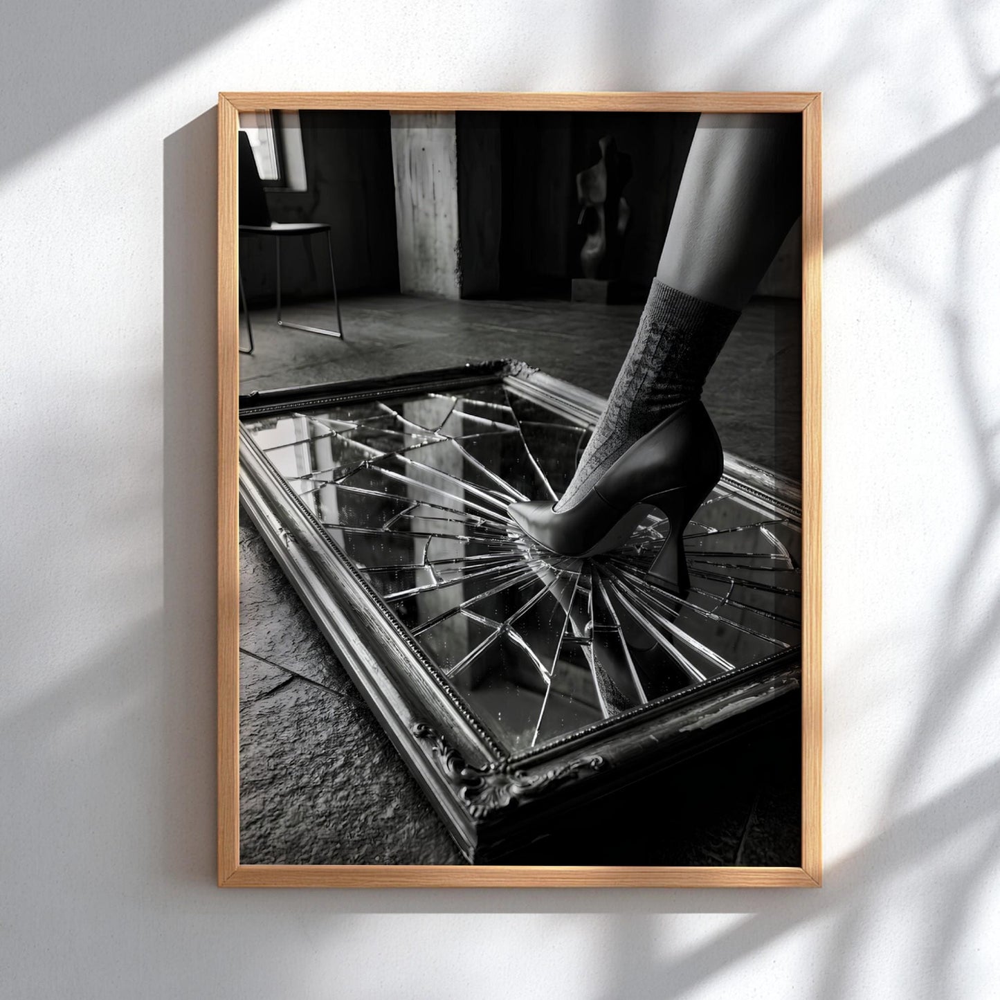 Broken Mirror Print | High Heel Shattered Glass Poster | Edgy Boss Lady Wall Art | Black and White Conceptual Decor