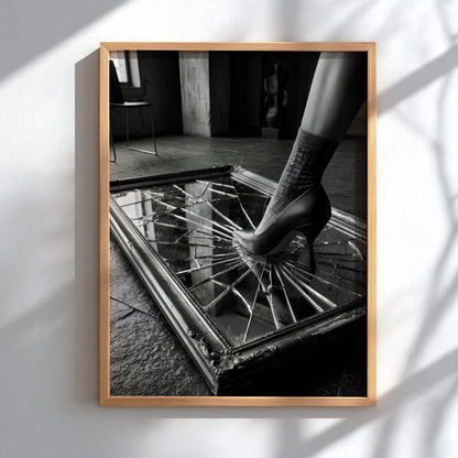 Broken Mirror Print | High Heel Shattered Glass Poster | Edgy Boss Lady Wall Art | Black and White Conceptual Decor