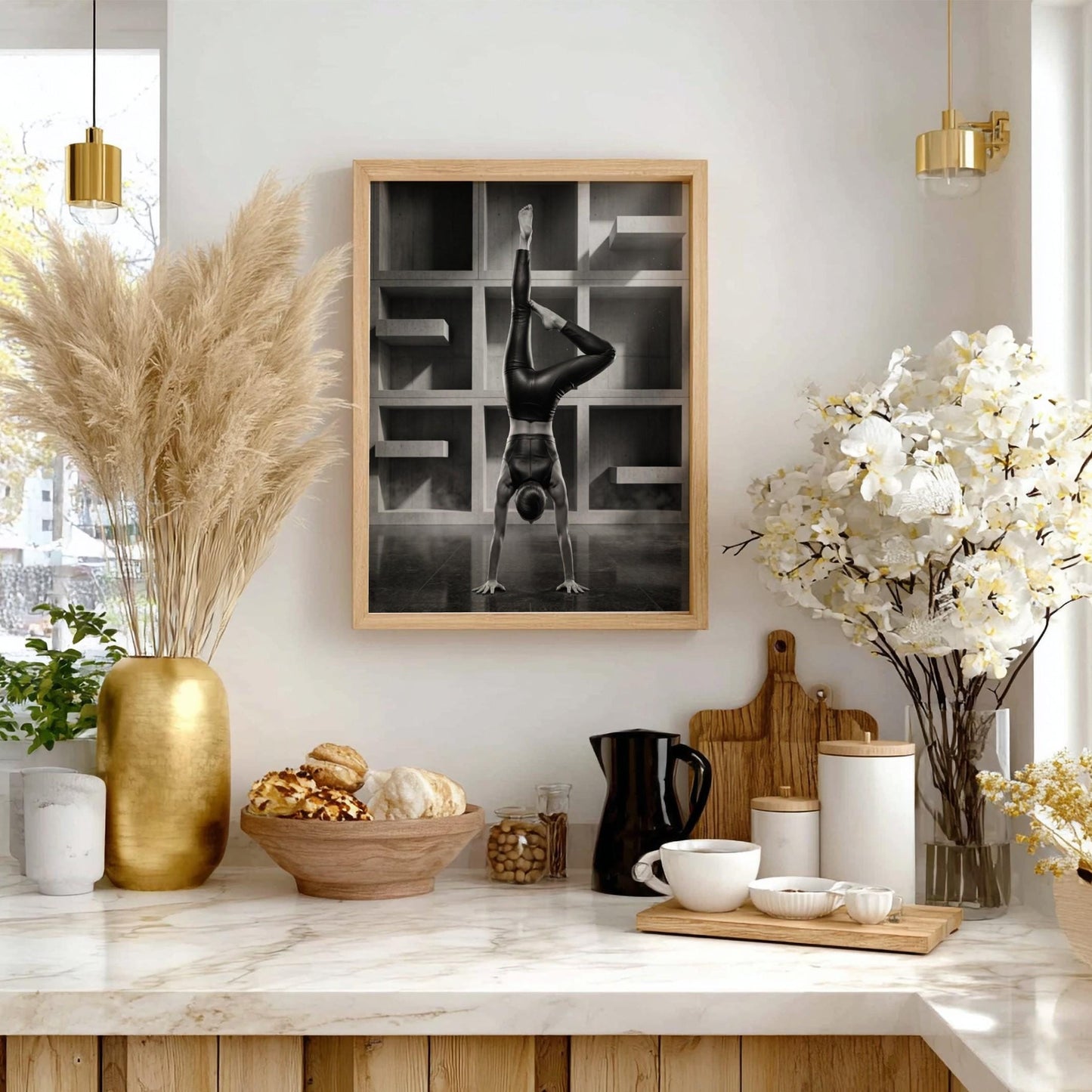 Black and White Yoga Print | Minimalist Handstand Poster | Brutalist Architecture Art | Strong Woman Fitness Decor