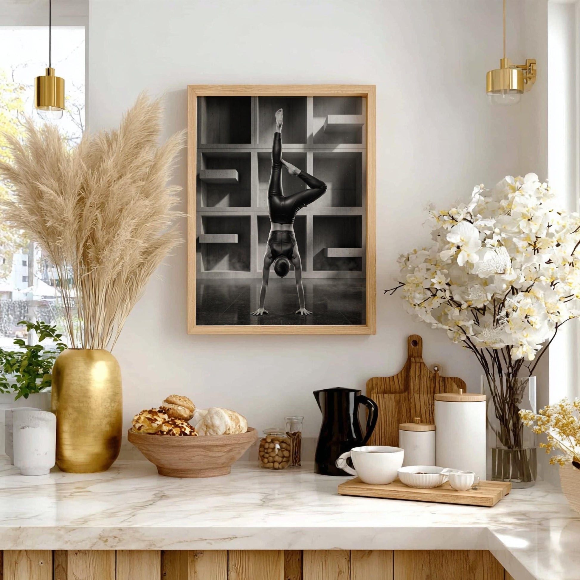 Black and White Yoga Print | Minimalist Handstand Poster | Brutalist Architecture Art | Strong Woman Fitness Decor