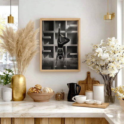 Black and White Yoga Print | Minimalist Handstand Poster | Brutalist Architecture Art | Strong Woman Fitness Decor