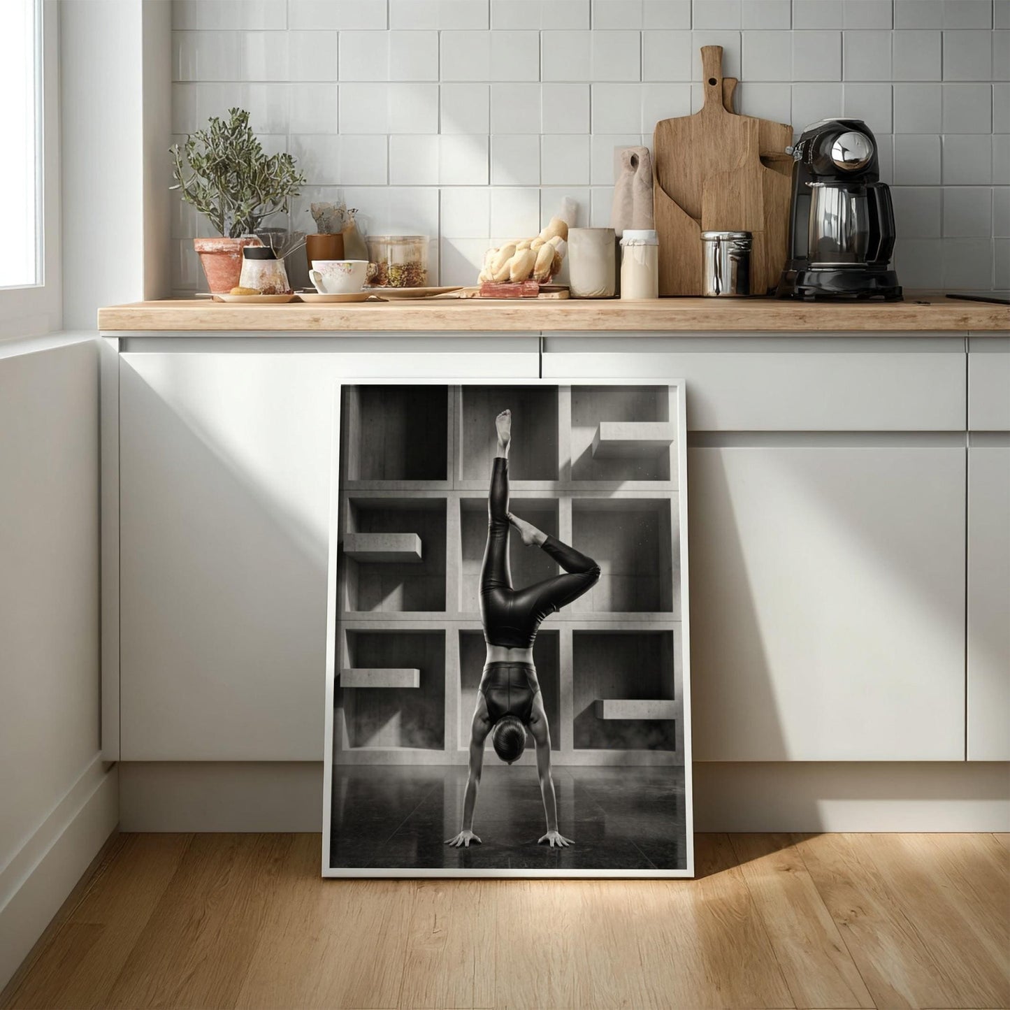 Black and White Yoga Print | Minimalist Handstand Poster | Brutalist Architecture Art | Strong Woman Fitness Decor
