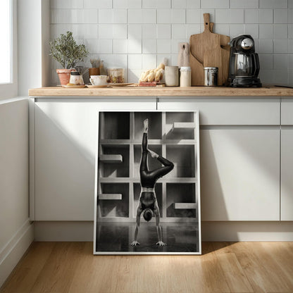 Black and White Yoga Print | Minimalist Handstand Poster | Brutalist Architecture Art | Strong Woman Fitness Decor