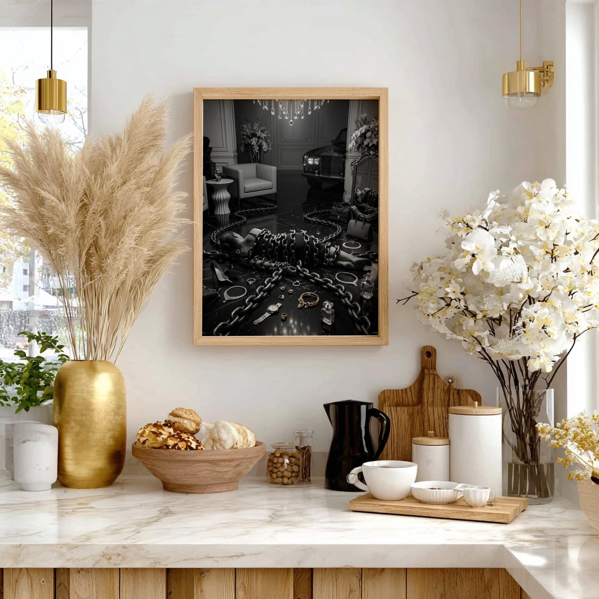 Trapped by Luxury Print | Dark Conceptual Wall Art | Black and White Materialism Poster | Edgy High Fashion Decor