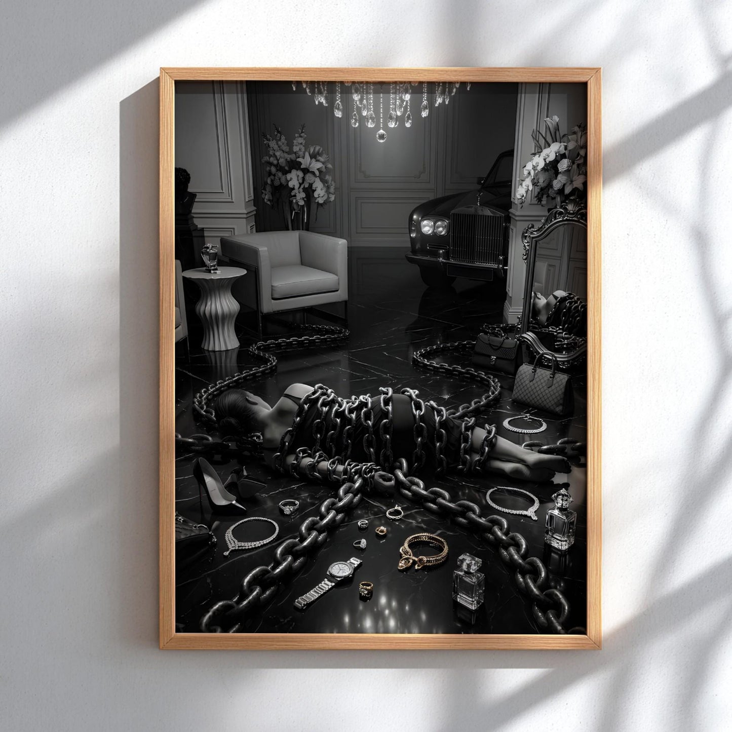 Trapped by Luxury Print | Dark Conceptual Wall Art | Black and White Materialism Poster | Edgy High Fashion Decor