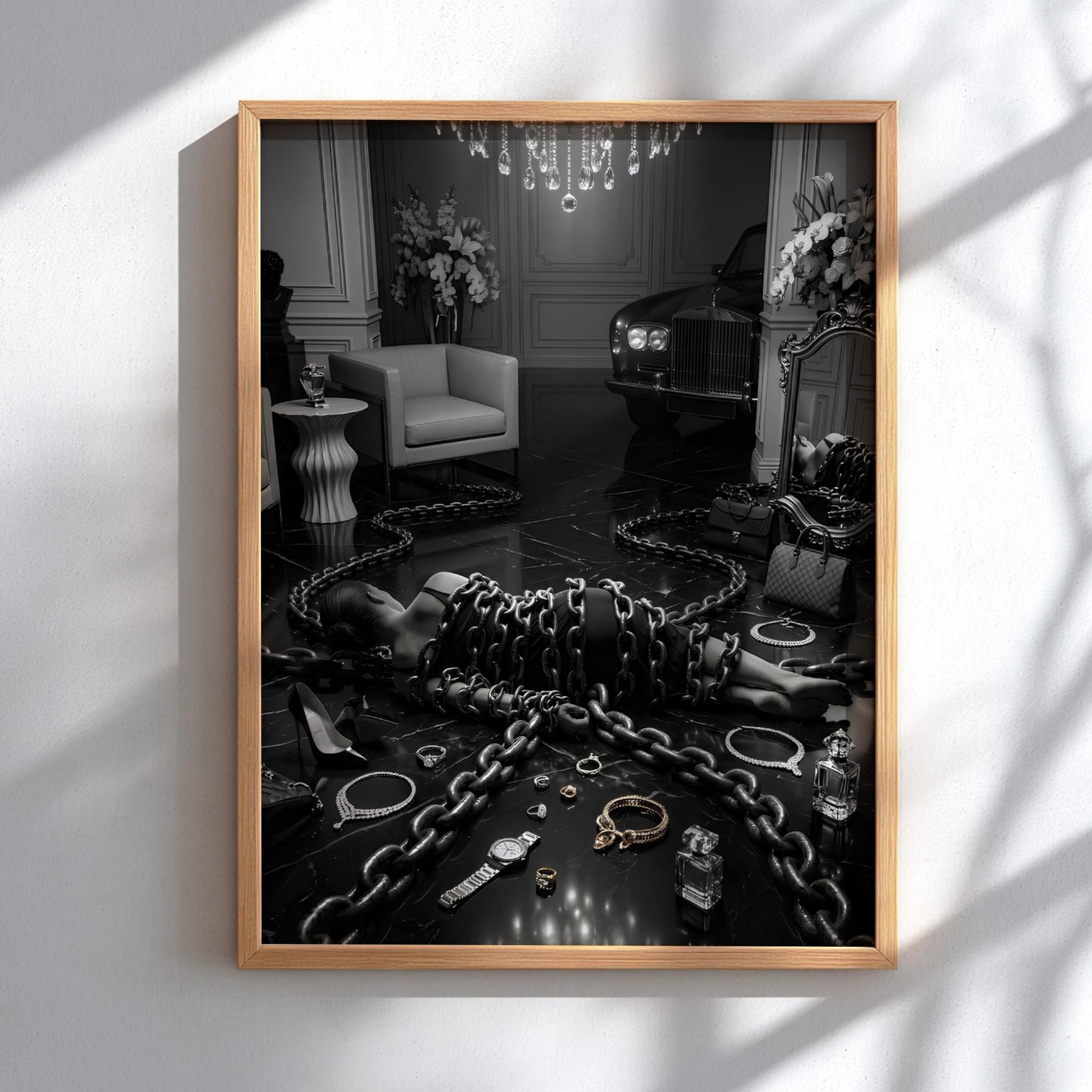 Trapped by Luxury Print | Dark Conceptual Wall Art | Black and White Materialism Poster | Edgy High Fashion Decor