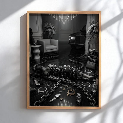 Trapped by Luxury Print | Dark Conceptual Wall Art | Black and White Materialism Poster | Edgy High Fashion Decor