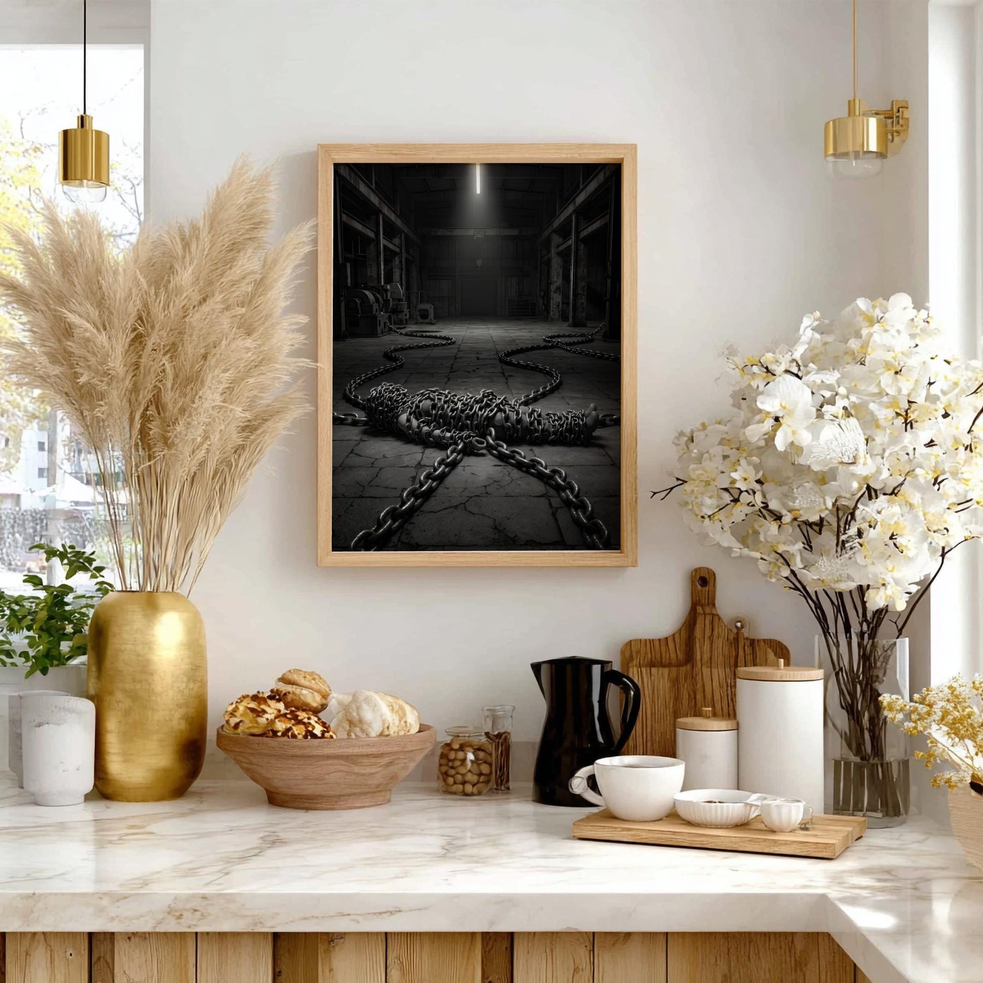 Bound by Chains Print | Dark Industrial Wall Art | Conceptual Black and White Poster | Overcoming Struggle Decor | Gritty Warehouse Art