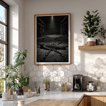Bound by Chains Print | Dark Industrial Wall Art | Conceptual Black and White Poster | Overcoming Struggle Decor | Gritty Warehouse Art