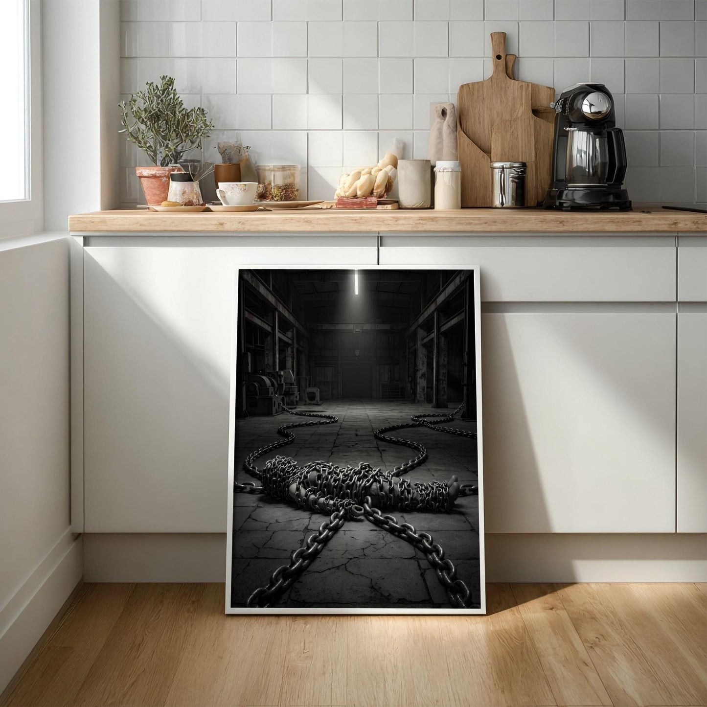 Bound by Chains Print | Dark Industrial Wall Art | Conceptual Black and White Poster | Overcoming Struggle Decor | Gritty Warehouse Art