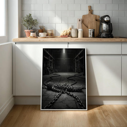 Bound by Chains Print | Dark Industrial Wall Art | Conceptual Black and White Poster | Overcoming Struggle Decor | Gritty Warehouse Art