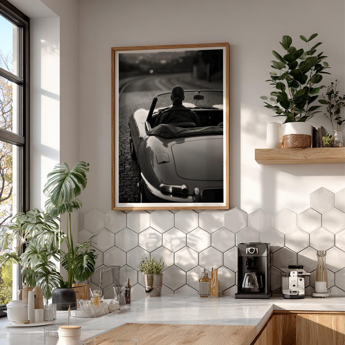 Vintage Convertible Print | Black and White Woman Driving Poster | Classic Car Wall Art | Elegant Luxury Automotive Decor