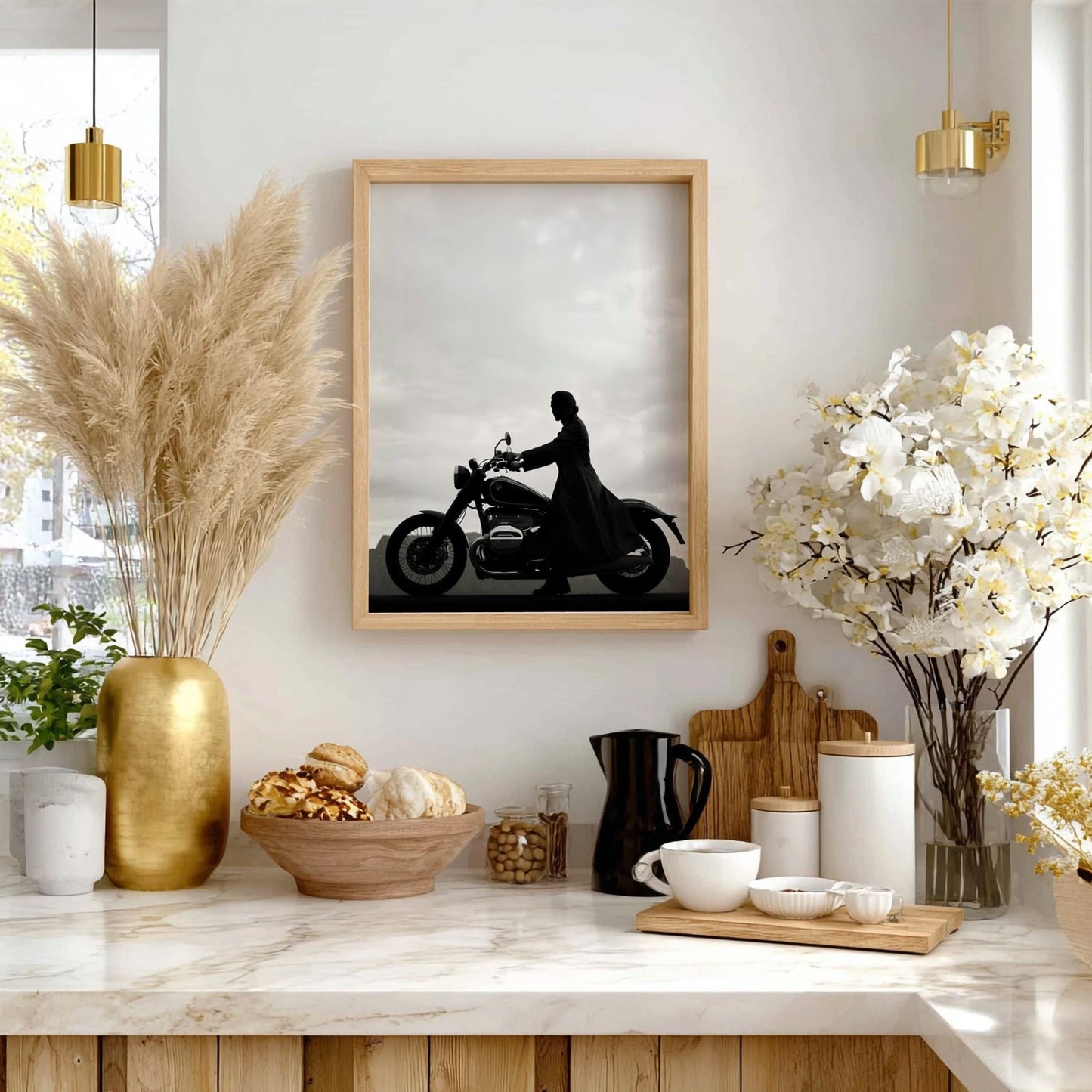 Silhouette Woman on Motorcycle Print | Black and White Biker Poster | Minimalist Motorbike Wall Art | Edgy Boss Lady Decor