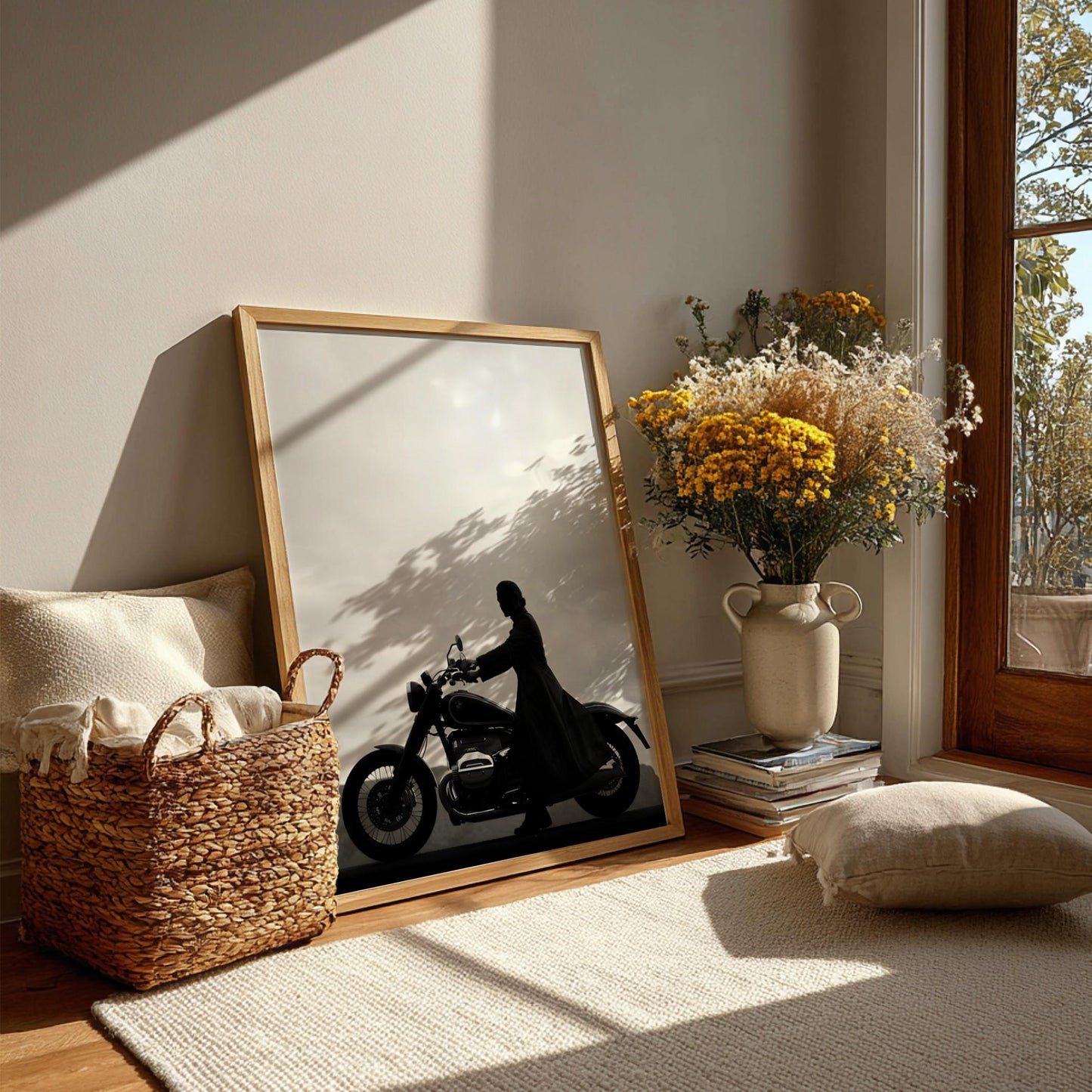 Silhouette Woman on Motorcycle Print | Black and White Biker Poster | Minimalist Motorbike Wall Art | Edgy Boss Lady Decor