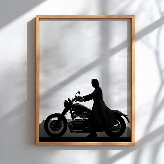 Silhouette Woman on Motorcycle Print | Black and White Biker Poster | Minimalist Motorbike Wall Art | Edgy Boss Lady Decor