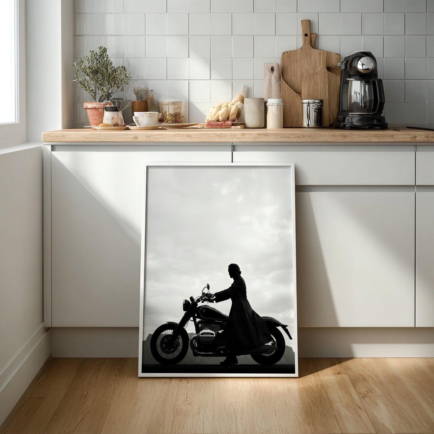 Silhouette Woman on Motorcycle Print | Black and White Biker Poster | Minimalist Motorbike Wall Art | Edgy Boss Lady Decor