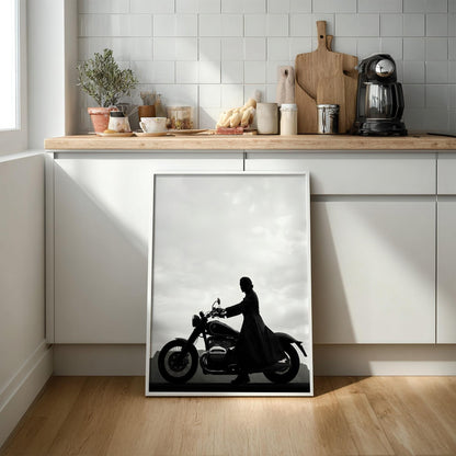 Silhouette Woman on Motorcycle Print | Black and White Biker Poster | Minimalist Motorbike Wall Art | Edgy Boss Lady Decor